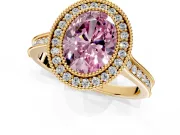 Halo Engagement Ring Setting for Fancy Pink Oval Center with Milgrain Pave Band and Bezel Head in Yellow Gold