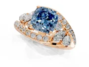 Halo Engagement Ring Setting for Fancy Blue Cushion Cut Center with Marquise and Pave Bypass Band and Prong Head in Rose Gold