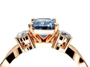 3 Stone Engagement Ring Setting for Fancy Blue Emerald Cut Center with Pave Twist Band and Prong Head in Rose Gold