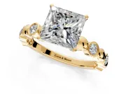 Solitaire Engagement Ring Setting for Princess Cut Center with Beaded Bezel Station Band and Prong Head in Yellow Gold