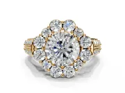 Large Accent Halo Engagement Ring Setting for Round Cut Center with Pave Split Shank and Prong Head in Yellow Gold