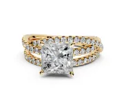 Solitaire Engagement Ring Setting for Princess Cut Center with Woven 3-Strand Pave Band and Prong Head in Yellow Gold