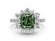 Floral Halo Engagement Ring Setting for Fancy Green Princess Cut Center with Pave Accents and Prong Head in White Gold