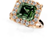 Single Halo Engagement Ring Setting for Fancy Green Asscher Cut Center with Corner Claws, Plain Band and Prong Head in Rose Gold