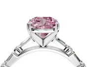 Baguette Engagement Ring Setting for Fancy Pink Cushion Cut Center with Alternating Bar-Set Band and Prong Head in White Gold