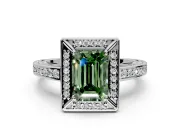 Halo Engagement Ring Setting for Fancy Green Emerald Cut Center with Framed Halo, Pave Band and Prong Head in Sterling Silver