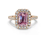 Halo Engagement Ring Setting for Fancy Pink Emerald Cut Center with Narrowing Pave Band and Prong Head in Rose Gold