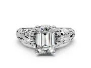 Solitaire Engagement Ring Setting for Emerald Cut Center with Filigree Accent Basket and Prong Head in White Gold