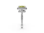 Halo Engagement Ring Setting for Fancy Yellow Radiant Cut Center with Metal-Rimmed Halo, Pave Band and Prong Head in Platinum