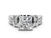 Solitaire Engagement Ring Setting for Princess Cut Center with Grooved Bar Accent Band and Prong Head in Platinum