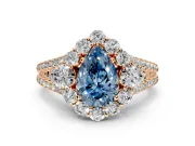Halo Engagement Ring Setting for Fancy Blue Pear-Shaped Center with Two-Strand Split Shank and Prong Head in Rose Gold