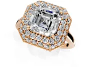 Halo Engagement Ring Setting for Asscher Cut Center with Plain Tapered Band and Prong Head in Rose Gold