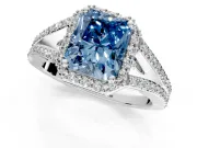 Halo Engagement Ring Setting for Fancy Blue Radiant Cut Center with Pave Split Shank and Prong Head in Sterling Silver