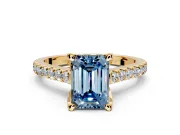 Solitaire Engagement Ring Setting for Fancy Blue Emerald Cut Center with Widening Pave Band and Claw Prong Head in Yellow Gold