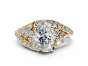 Halo Engagement Ring Setting for Oval Center with Marquise and Pave Bypass Band and Prong Head in Yellow Gold