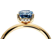 Hidden Halo Engagement Ring Setting for Fancy Blue Emerald Cut Center with Thin Round-Wire Band and Prong Head in Yellow Gold