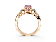 3 Stone Engagement Ring Setting for Fancy Pink Cushion Cut Center with Pave Split Shank and Prong Head in Rose Gold