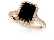 Halo Engagement Ring Setting for Fancy Black Radiant Cut Center with Pave Accents, Heart Basket and Prong Head in Rose Gold