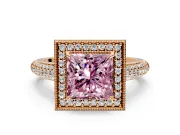 Milgrain Halo Engagement Ring Setting for Fancy Pink Princess Cut Center with Three-Sided Pave Band and Prong Head in Rose Gold