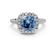 Halo Engagement Ring Setting for Fancy Blue Cushion Cut Center with Raised Halo, Pave Band and Prong Head in White Gold