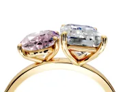 Fancy Pink Oval and Emerald Cut Lab-Grown Diamond Toi et Moi Engagement Ring with Prong-Set Stones in Yellow Gold
