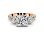 3 Stone Engagement Ring Setting for Princess Cut Center with Crossover Basket, Pave Band and Prong Head in Rose Gold