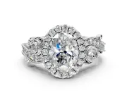 Milgrain Halo Engagement Ring Setting for Oval Center with Shoulder Bezels and Prong Head in Platinum