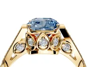 Cathedral Engagement Ring Setting for Fancy Blue Cushion Cut Center with Antique-Style Pave Band and Prong Head in Yellow Gold