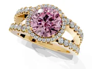 Halo Engagement Ring Setting for Fancy Pink Round Cut Center with Wide-Open Pave Split Shank and Prong Head in Yellow Gold