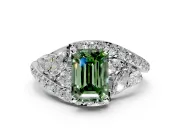 Halo Engagement Ring Setting for Fancy Green Emerald Cut Center with Marquise and Pave Bypass Band and Prong Head in Platinum