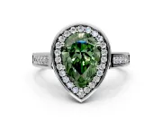 Halo Engagement Ring Setting for Fancy Green Pear-Shaped Center with Outer Bezel Rim, Pave Band and Prong Head in Sterling Silver