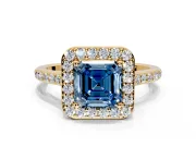 Halo Engagement Ring Setting for Fancy Blue Asscher Cut Center with Pave Accents, Heart Basket and Prong Head in Yellow Gold