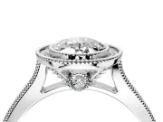 Halo Engagement Ring Setting for Oval Center with Milgrain Pave Band and Bezel Head in White Gold