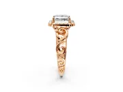 Halo Engagement Ring Setting for Princess Cut Center with Open Scroll Shoulders and Prong Head in Rose Gold