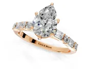 Baguette Engagement Ring Setting for Pear-Shaped Center with Alternating Bar-Set Band and Prong Head in Rose Gold
