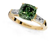 3 Stone Engagement Ring Setting for Fancy Green Cushion Cut Center with Tapered Baguettes, Plain Band and Prong Head in Yellow Gold