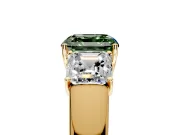 3 Stone Engagement Ring Setting for Fancy Green Asscher Cut Center with Raised Basket Heads and Prong Head in Yellow Gold