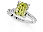 Solitaire Engagement Ring Setting for Fancy Yellow Emerald Cut Center with Widening Pave Band and Claw Prong Head in Platinum