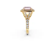 Double Halo Engagement Ring Setting for Fancy Pink Asscher Cut Center with Narrow Pave Split Shank and Prong Head in Yellow Gold