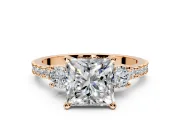 3 Stone Engagement Ring Setting for Princess Cut Center with Round Cut Side Accents and Prong Head in Rose Gold