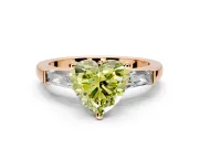 3 Stone Engagement Ring Setting for Fancy Yellow Heart-Shaped Center with Tapered Baguettes, Plain Band and Prong Head in Rose Gold
