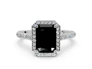 Halo Engagement Ring Setting for Fancy Black Radiant Cut Center with Pave Accents, Heart Basket and Prong Head in Sterling Silver