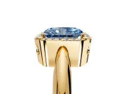 Halo Engagement Ring Setting for Fancy Blue Radiant Cut Center with Tapered Plain Band and Prong Head in Yellow Gold