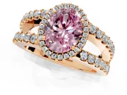 Halo Engagement Ring Setting for Fancy Pink Oval Center with Wide-Open Pave Split Shank and Prong Head in Rose Gold