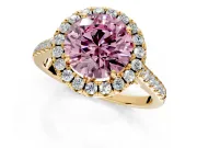 Halo Engagement Ring Setting for Fancy Pink Round Cut Center with Raised Halo, Pave Band and Prong Head in Yellow Gold