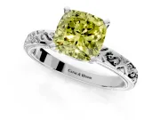 Solitaire Engagement Ring Setting for Fancy Yellow Cushion Cut Center with Scrollwork Band and Prong Head in Platinum