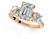 3 Stone Engagement Ring Setting for Emerald Cut Center with Crossover Basket, Pave Band and Prong Head in Rose Gold