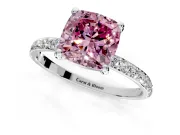 Solitaire Engagement Ring Setting for Fancy Pink Cushion Cut Center with Pave Accents and Prong Head in White Gold