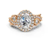 Milgrain Halo Engagement Ring Setting for Oval Center with Shoulder Bezels and Prong Head in Rose Gold