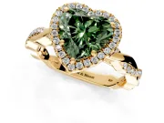 Halo Engagement Ring Setting for Fancy Green Heart-Shaped Center with Pave and Plain Twist Band and Prong Head in Yellow Gold